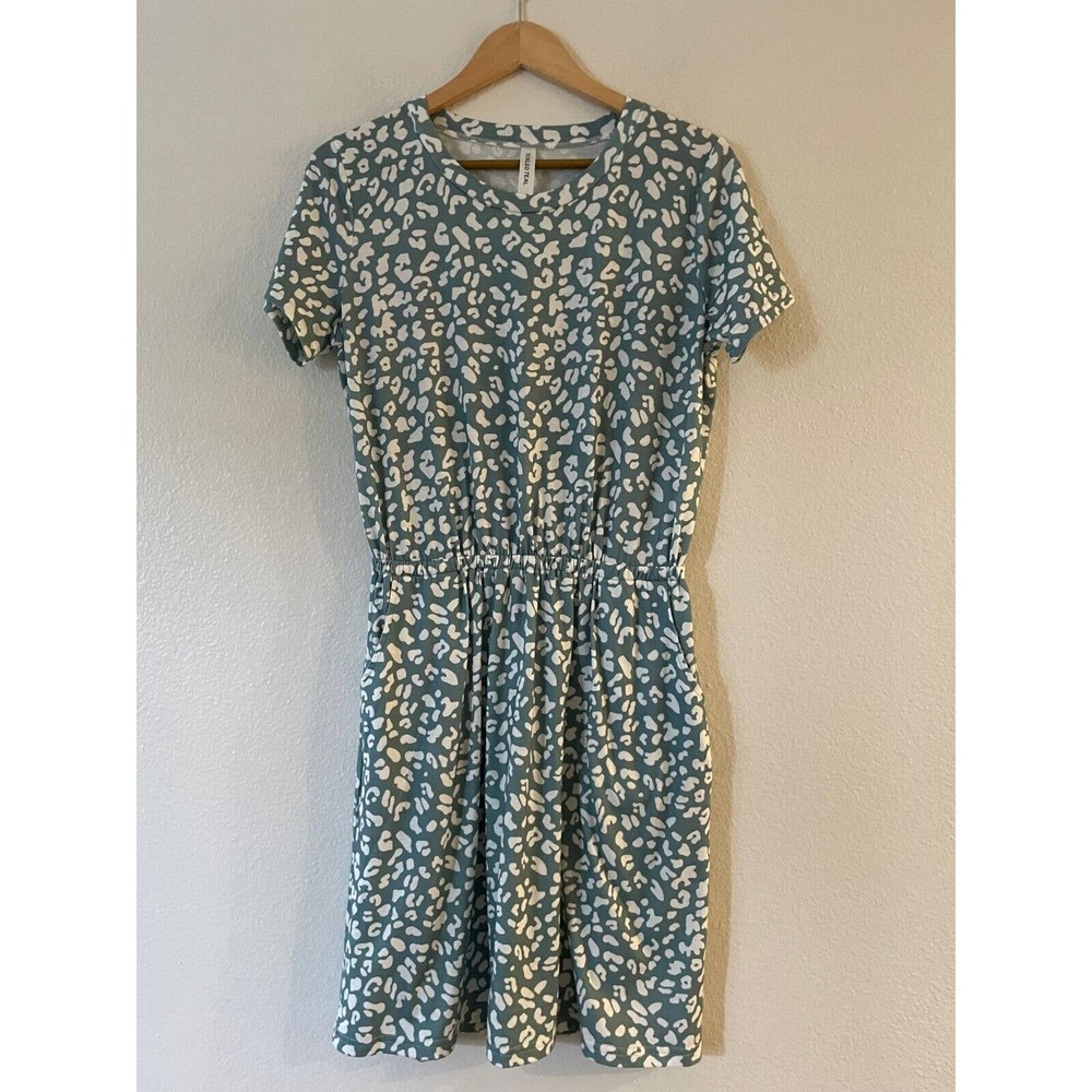 Tickled Teal Roxanne Dress Medium Cheetah Leopard Elastic Waist Short‎ Sleeve - Picture 4 of 12